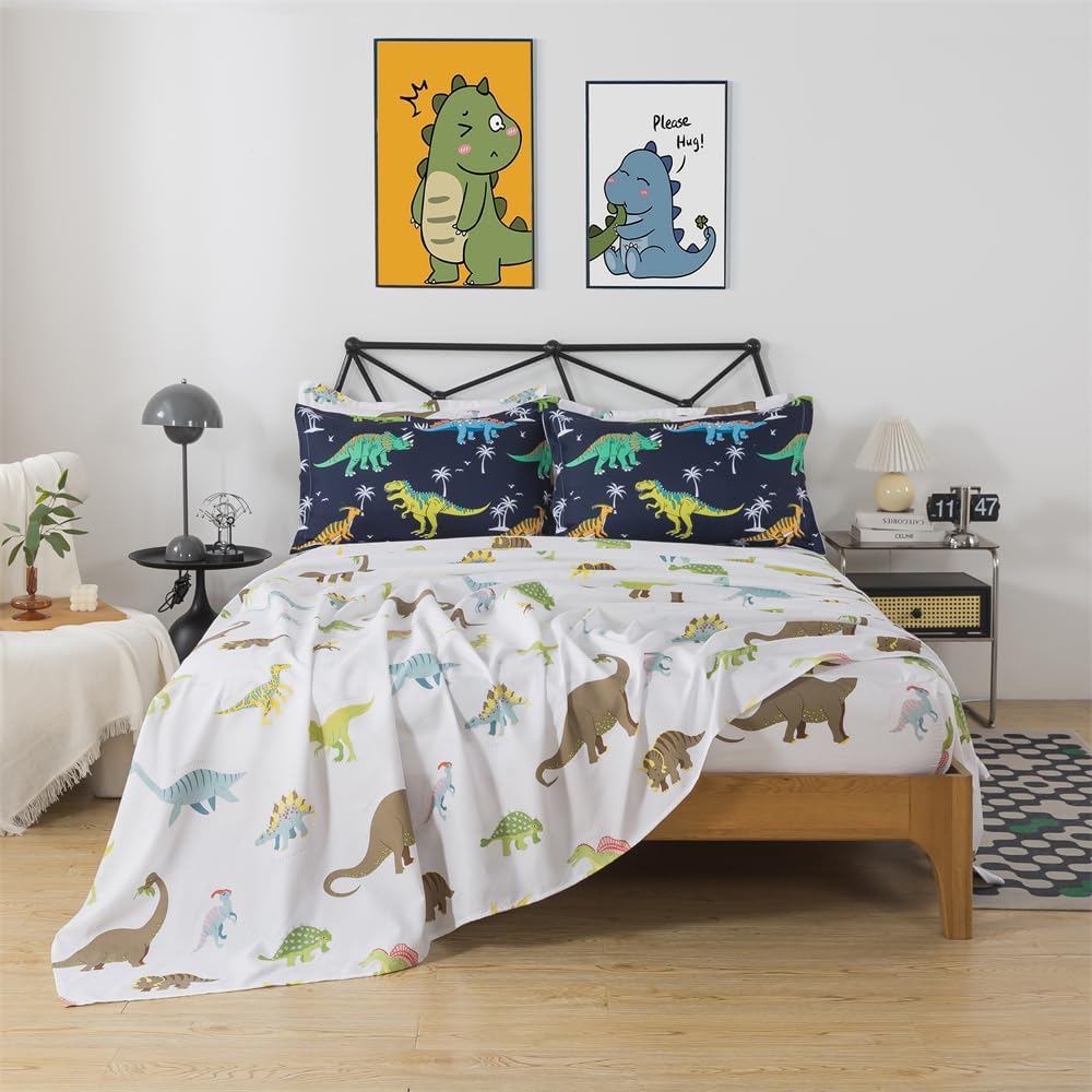 7 Pieces Dinosaur Comforter Full Kids Jungle Dinosaur Bedding Set Bed in A Bag for Boys T-Rex Dino Comforter and