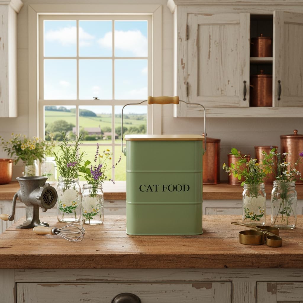 Cat food storage container storage bin with wooden lid scoop included green metal cat food container countertop