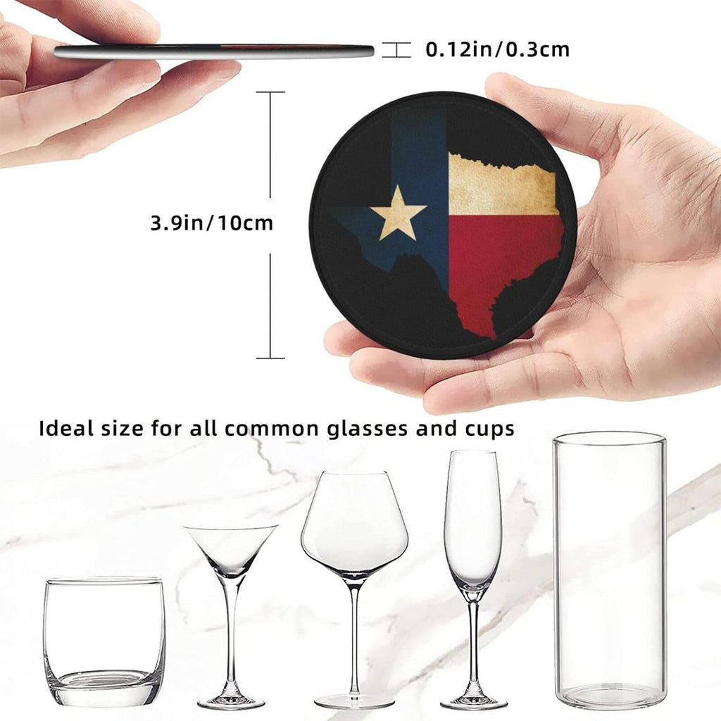 Texas Flag Coasters for Drinks with Holder Round Leather Coasters Cups Mugs Mat Pad Kitchen Bar - Set of 6