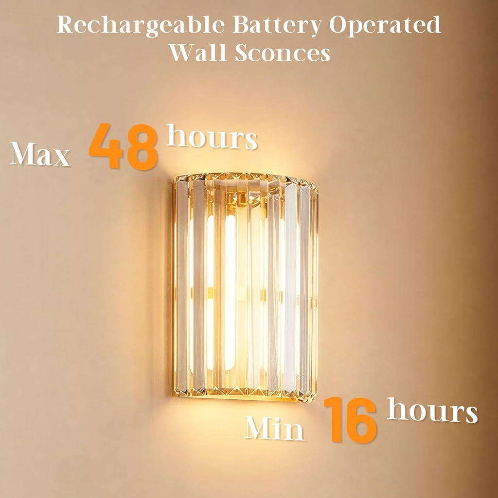Gold Battery Operated Wall Sconces Set of Two, Crystal Wireless Wall Lights with Remote, Rechargeable Cordless Wall