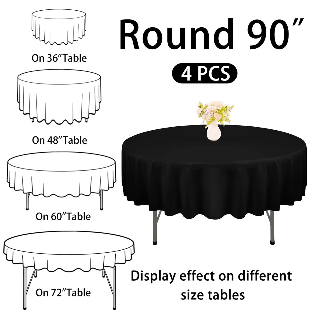 4 Pack Round Tablecloth 90 Inch Black Polyester Washable Fabric Table Covers for Wedding Dining Table Buffet Parties