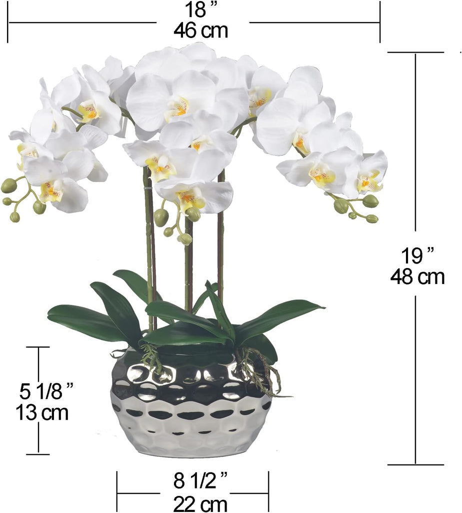 Artificial Orchid Plants & Flowers Arrangement in Ceramic Pot, Fake Faux White Orchid with Silver Vase, Faux Orchids