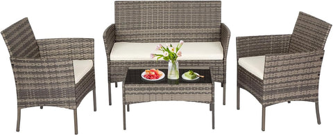 Patio Conversation Set 4 Pieces Patio Furniture Set Wicker with Rattan Chair Loveseats Coffee Table for Outdoor Indoor Garden Backyard Porch Poolside Balcony,Gray Wicker/Khaki Cushions A106-B0BMPSRXRK