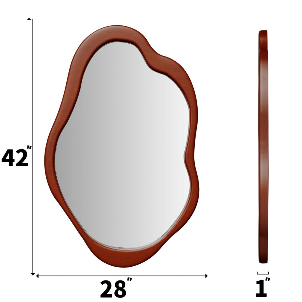 42"x 28" Irregular Wall Mirror, Walnut Wood Framed Wall Mirror, Asymmetrical Wall Wavy Mirror Bedroom Entryway