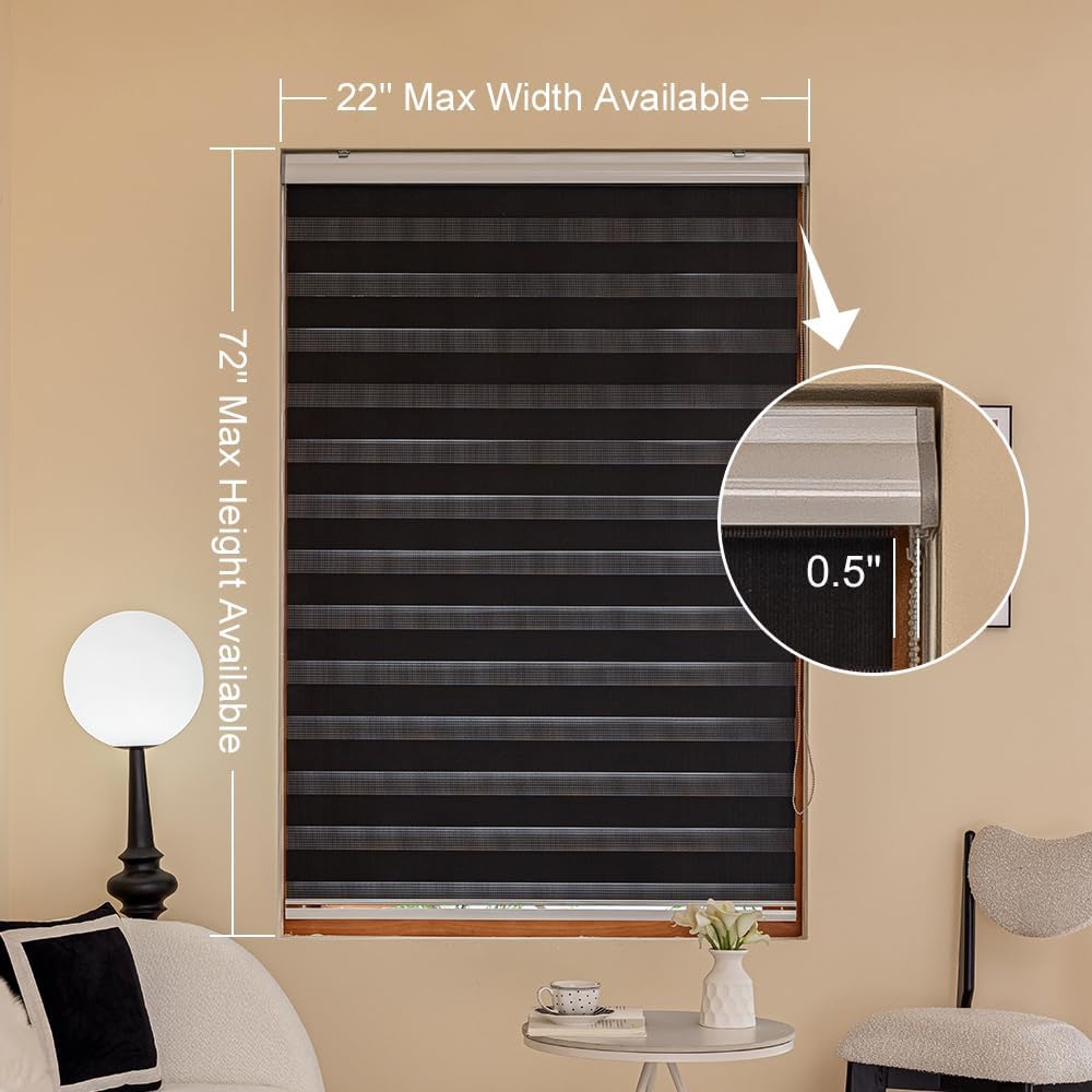 Zebra Blinds for Windows, Roller Light Filtering Control Semi Sheer Windows Shades, Black Dual Layer Fabric Manual
