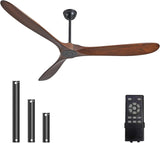 60" Ceiling Fans Without Lights, 60 Inch Outdoor Ceiling Fans no Lights, 3 Blade Solid Wood Damp Rated Ceiling Fan with Remote Control for Living Room Gazebo Farmhouse/Patios Porch - Dark Walnut