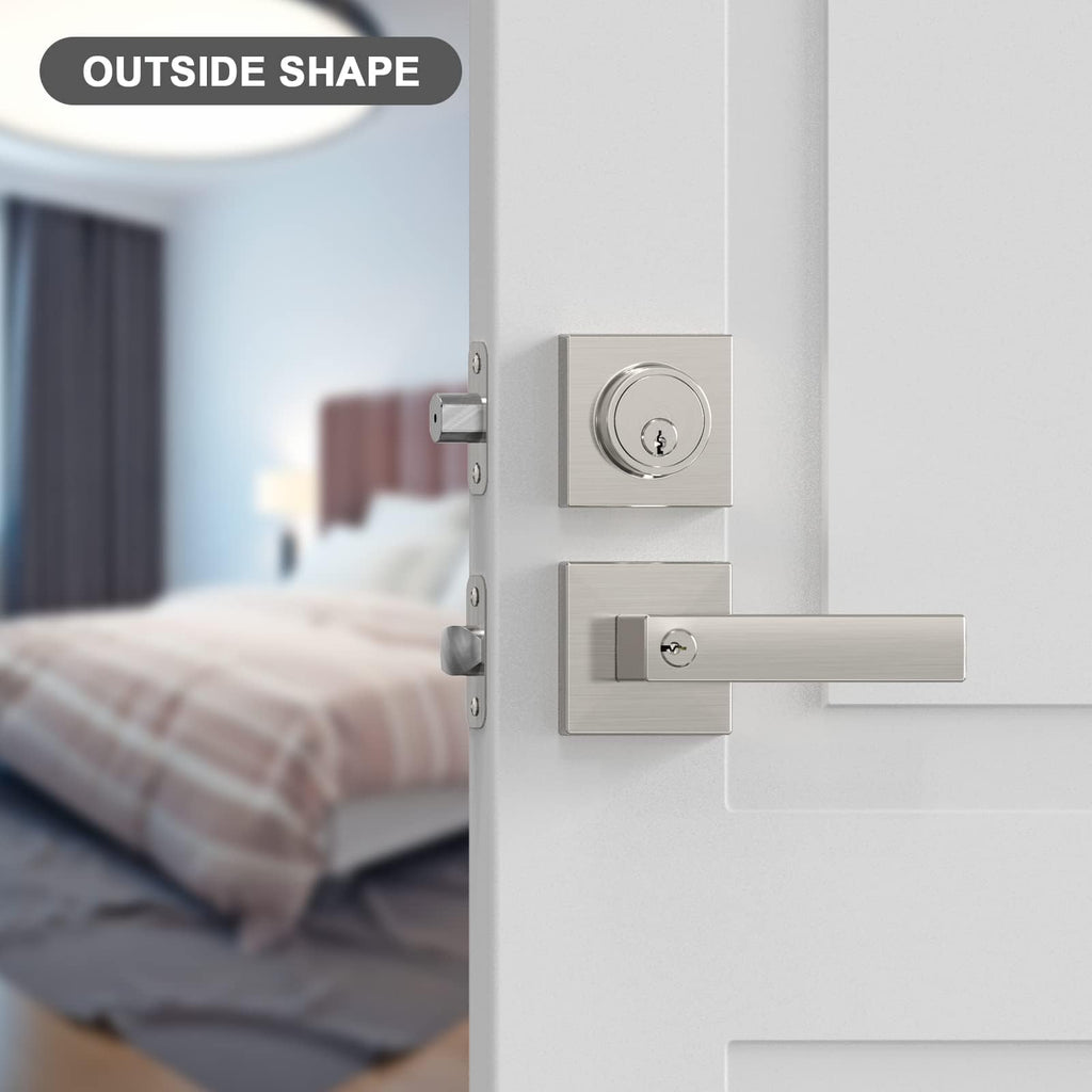 Entry Lever Door Locks with Deadbolt - Modern Square Exterior Front Door Handle and Single Cylinder Deadbolt(h Brush
