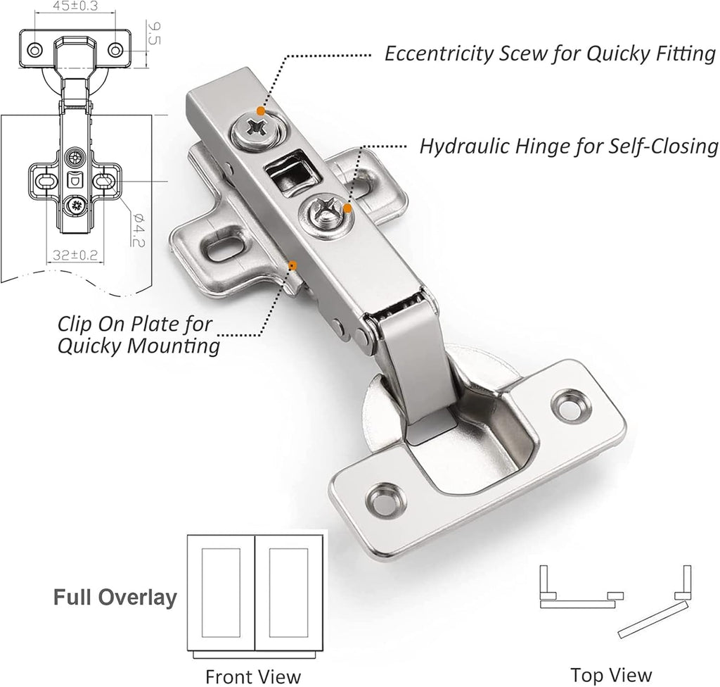 CHR093 105 Degree Soft Closing European Full Overlay Concealed Hinge with Mounting Plate,1 Pair