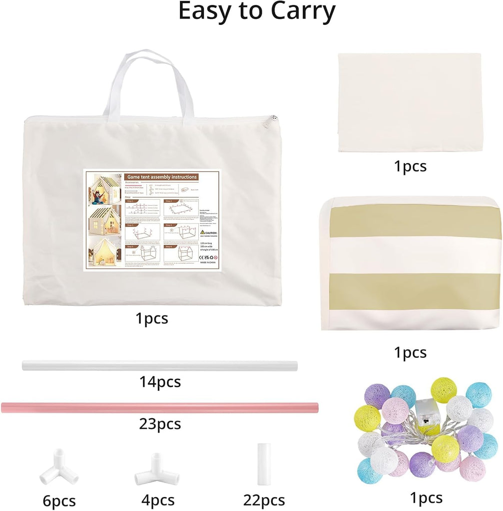 Kids Play Tent with String Lights Indoor, for 1-3 Kids, Beige Stripes