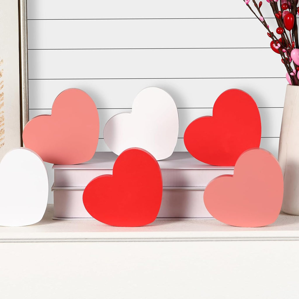Valentines Decorations Wooden Heart Sign Classic White Pink Red Decor Shelf Mantel Fireplace Table Windowsill - Set of 6
