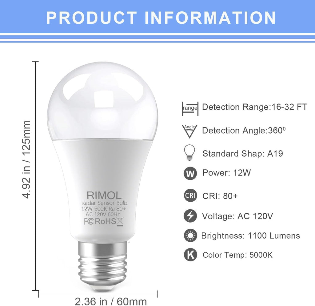 Radar Motion Sensor Outdoor Light Bulb, 12 Watts (100 Watt Equivalent) A19 Daylight LED Bulbs Motion Detector Light