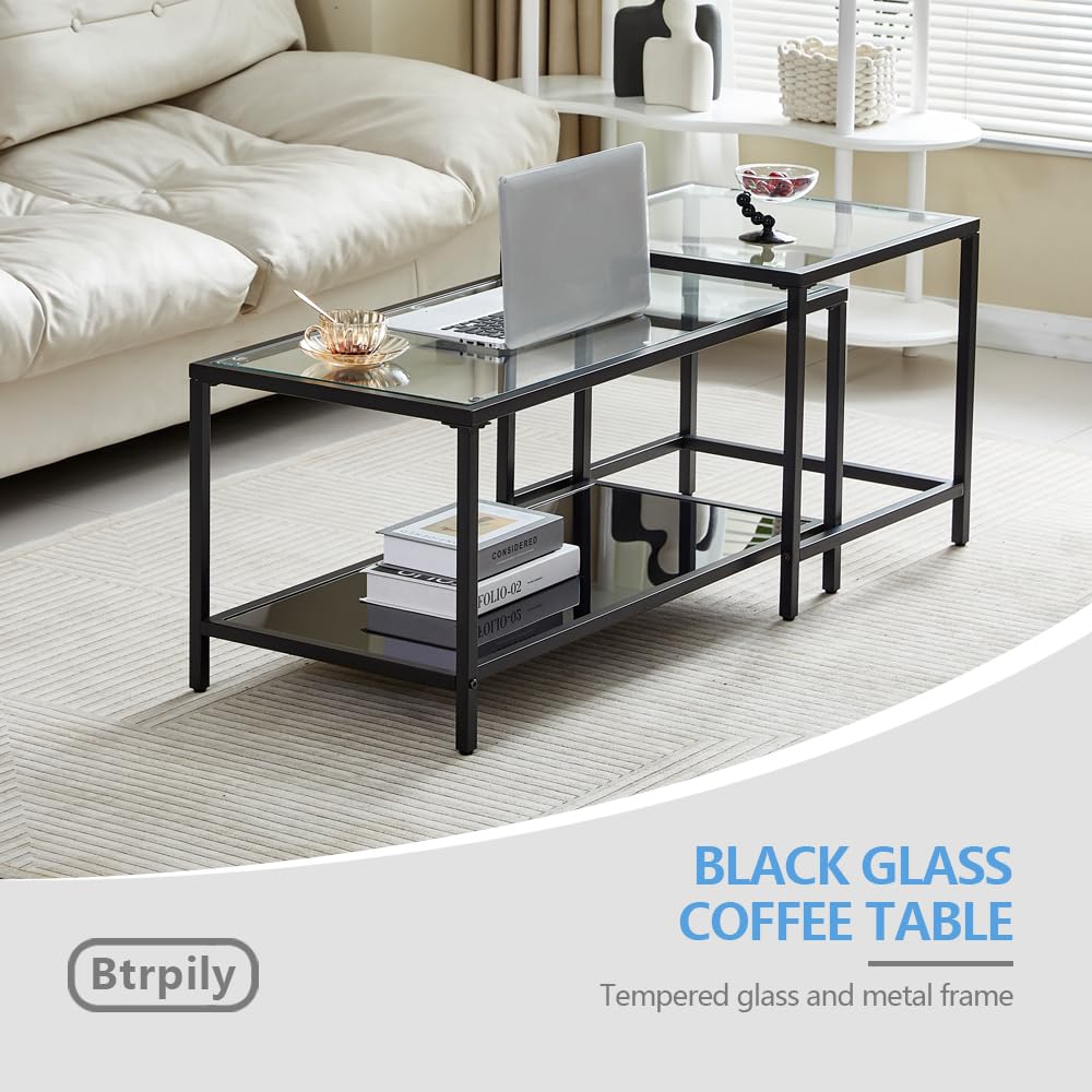 Coffee Nesting Set of 2, Center Coffee Set with Tempered Glass, Modern Side Tables and Nightstand, Black
