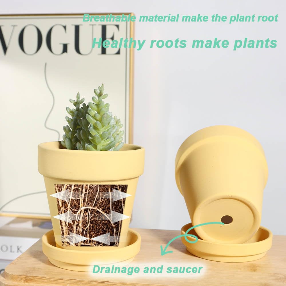 6 Inch Yellow Terracotta & Clay Pots with Saucer, 4 Pack