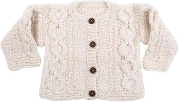 Organic Cotton Baby Sweater - Hand Knit Cable Cardigan Heirloom Wooden Buttons, Natural, 0-6 Months