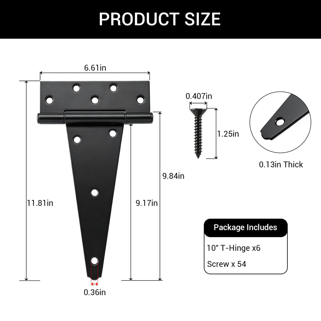 10" Heavy Duty Gate Hinges, 6 Pack T Strap Hinges