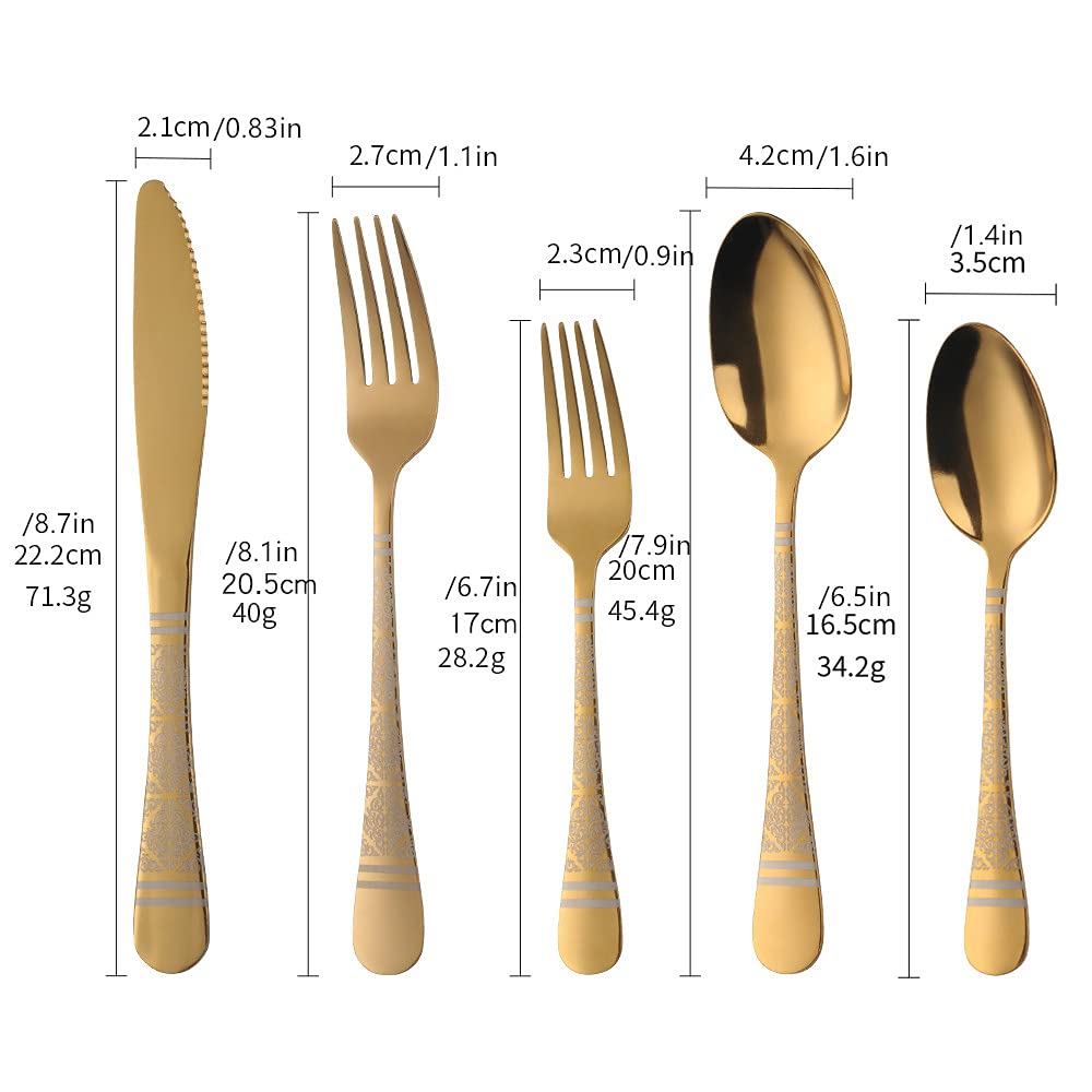 Christmas Gift Gold Hammered Flatware Sets for 4, 20 Pieces Unique Pattern Design Stainless Steel Cutlery Silverware