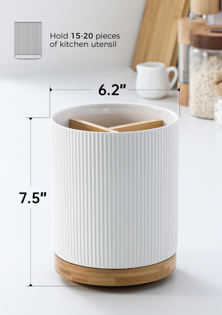 7.5" Utensil Holder, 3 Compartment Ceramic Kitchen Utensil Holder with Cork Bottom, Large Utensil Crock