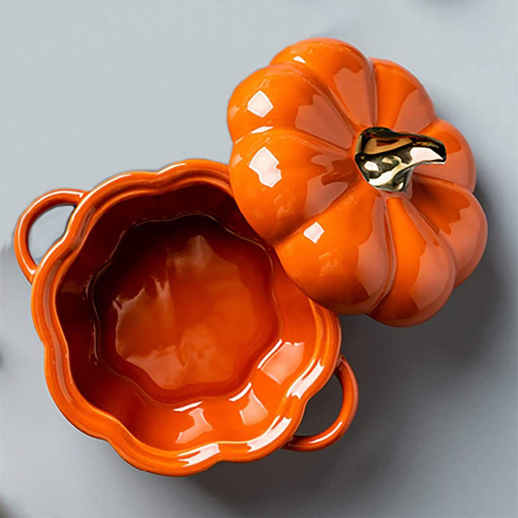 Pumpkin Bowl Set with Lid and Handle, Set of 2 Ceramic Ramekins for Baking, Casserole Dish Individual Severing Pot