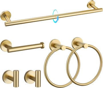 Brushed Gold Bathroom Hardware Set 6-Piece Bathroom Accessory Set 23.6 Inch Round Stainless Steel Towel Bar Set Wall