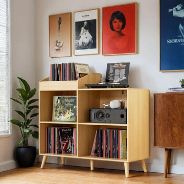 Large Record Player Stand with Power Outlet, Vinyl Record Storage Table Holds Up to 400 Albums, Mid-Century Turntable