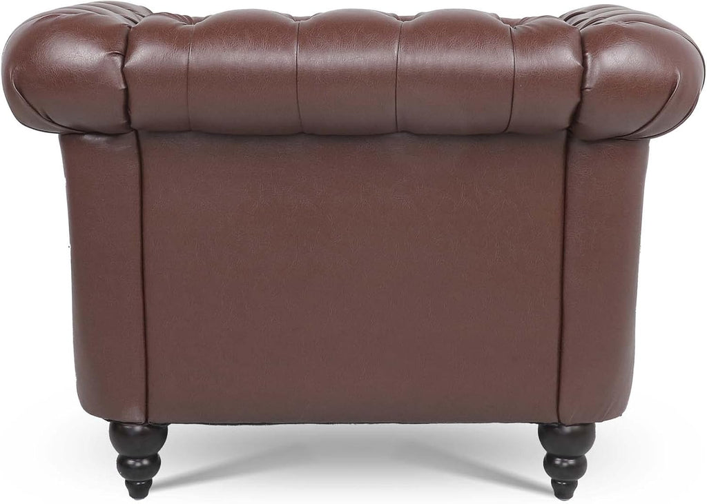 Leather Chesterfield Chair, Mid-Century Modern Single Sofa Chair, Tufted Upholstered Rolled Armchair Bedroom Reading