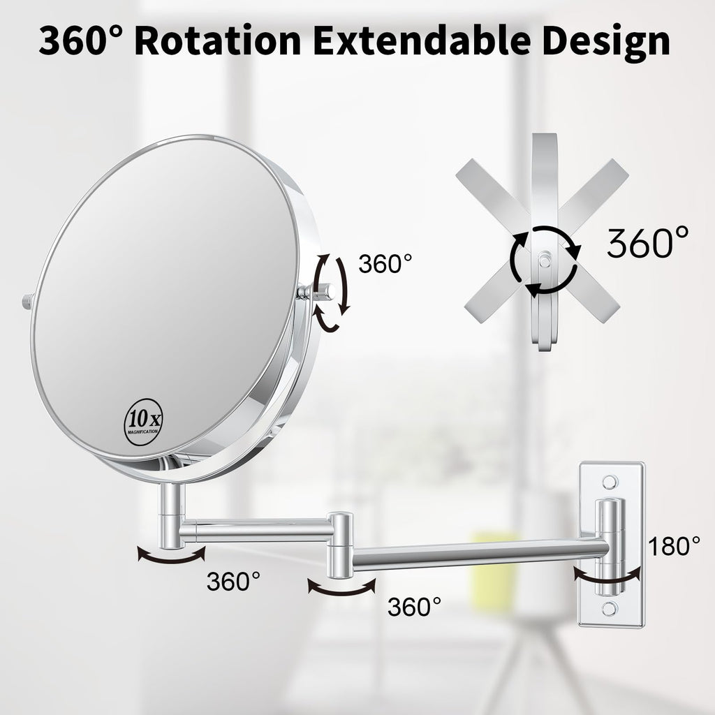 8" Wall Mounted Makeup Mirror with 1X 10X Magnification, Chrome