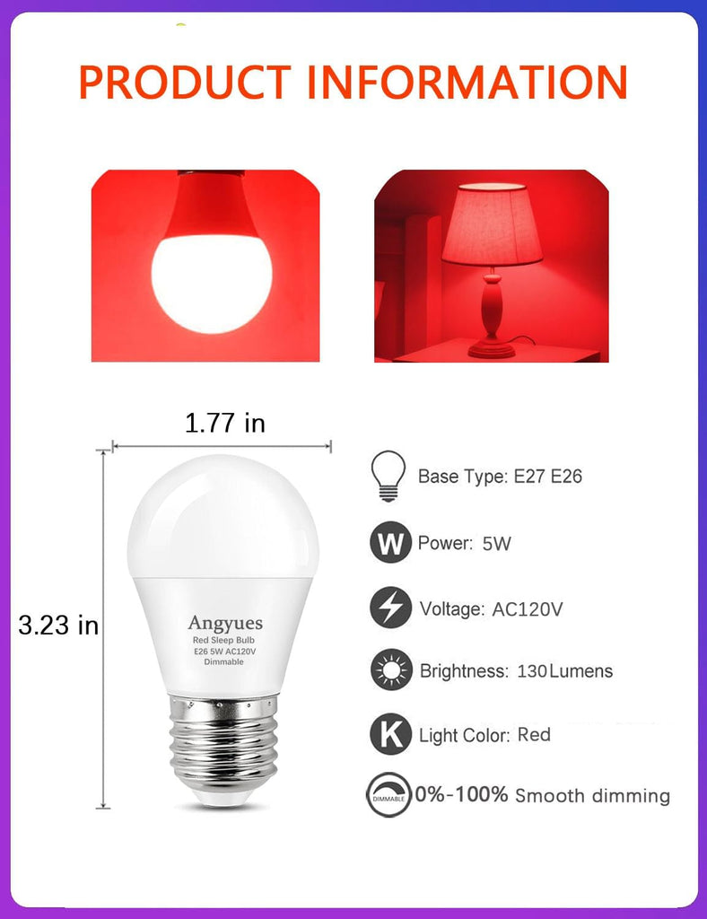 630nm Red Sleep Bulb Dimmable,E26 LED 5W Red Dim Night Light 4Pack