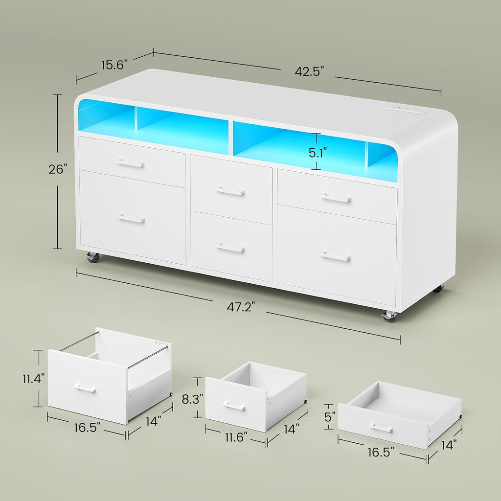 6 Drawers File Cabinet with Power Strip fits Legal/Letter/A4 Size | 47" Wood Mobile Lateral Filing Cabinet , Printer