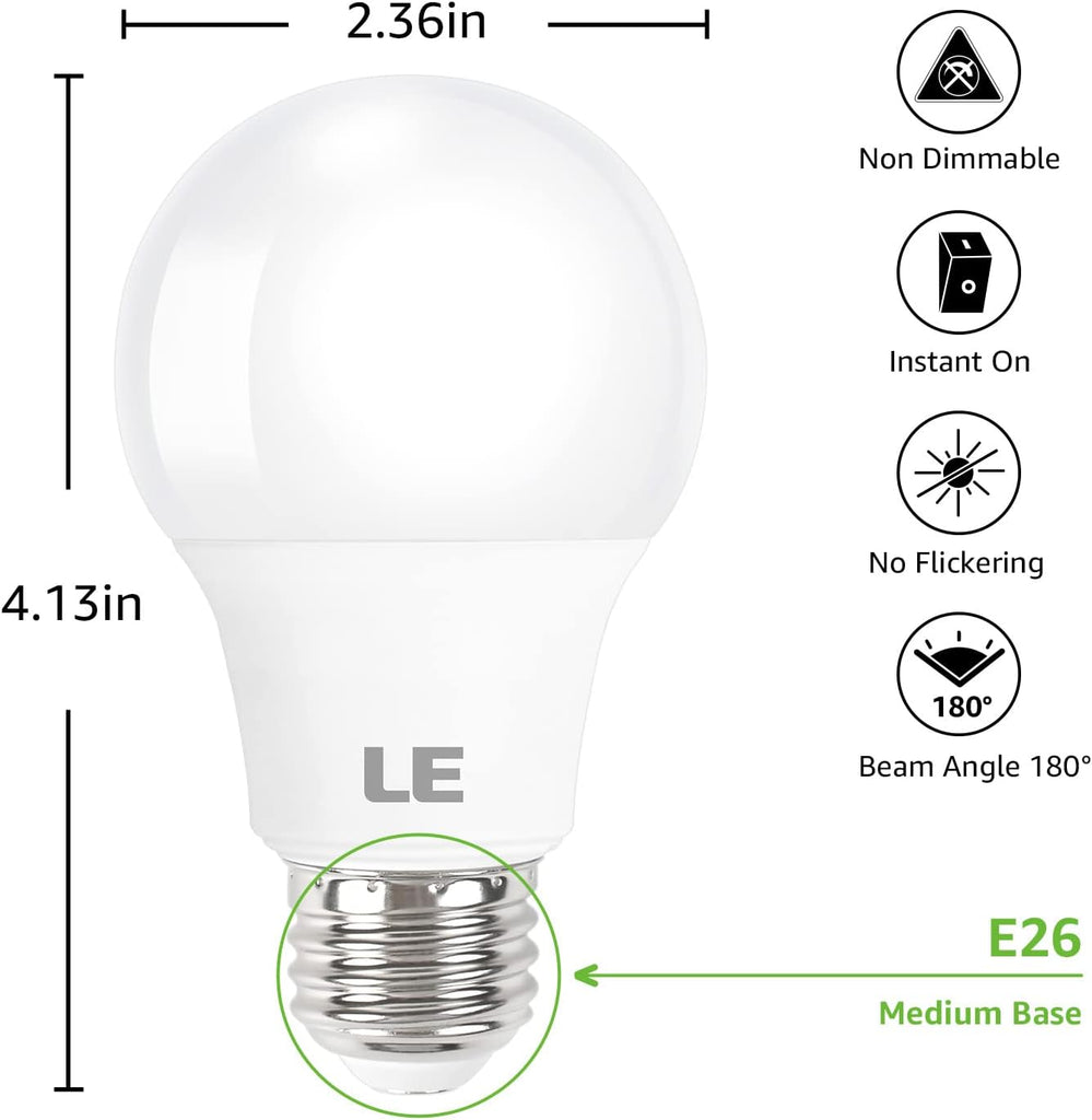 LE LED Light Bulbs 60 Watt Equivalent, 9W 800 Lumens Non-Dimmable, Daylight White 5000K, A19 E26 Standard Medium Base