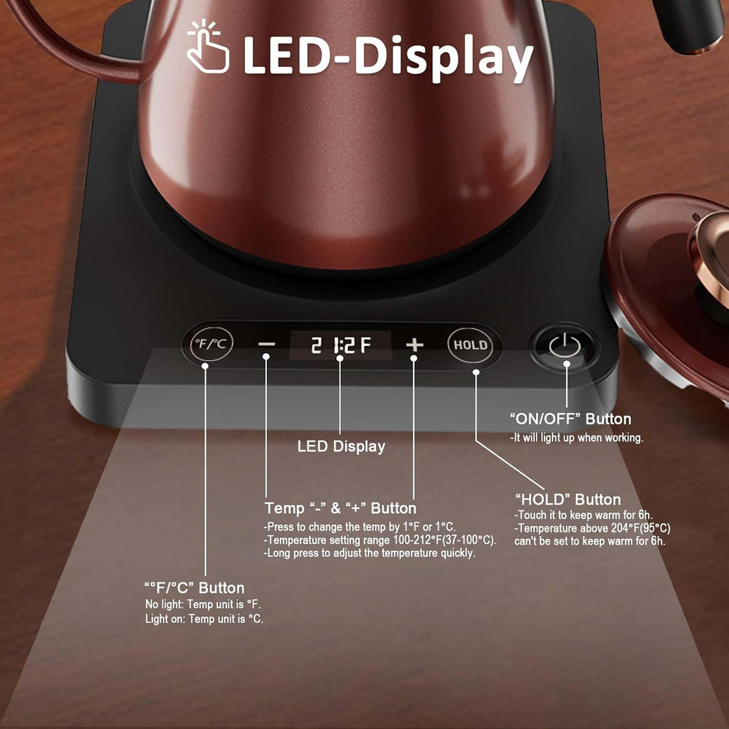 Gooseneck Electric Kettle 1.0L,1000W, Smart, Pour Over, Copper | 104-212°F, LED Digital Display, Touch control, Keep