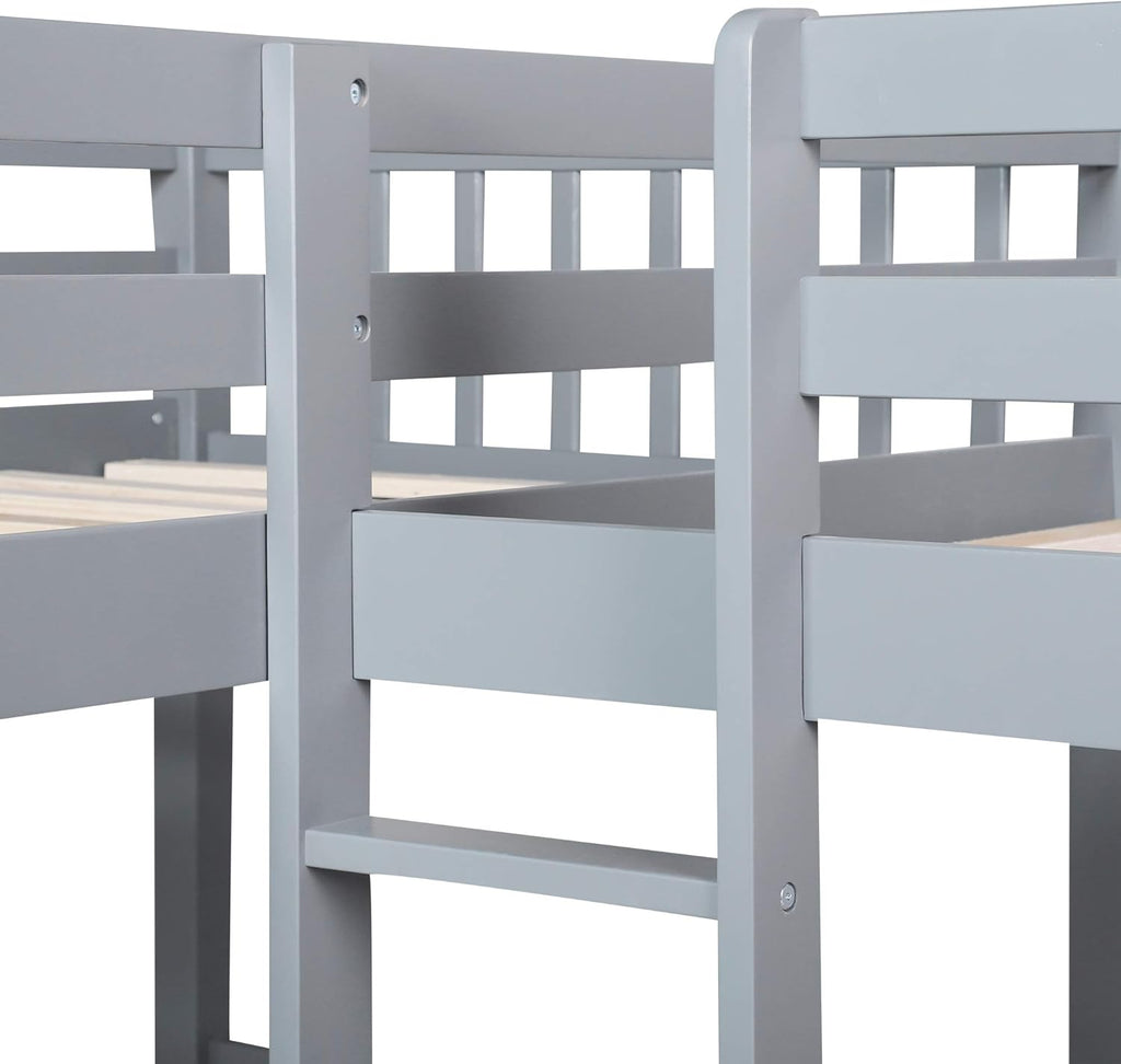 Twin L-Shaped Bunk Bed with Storage Drawers, Wooden Bunk Bed for 4, Grey