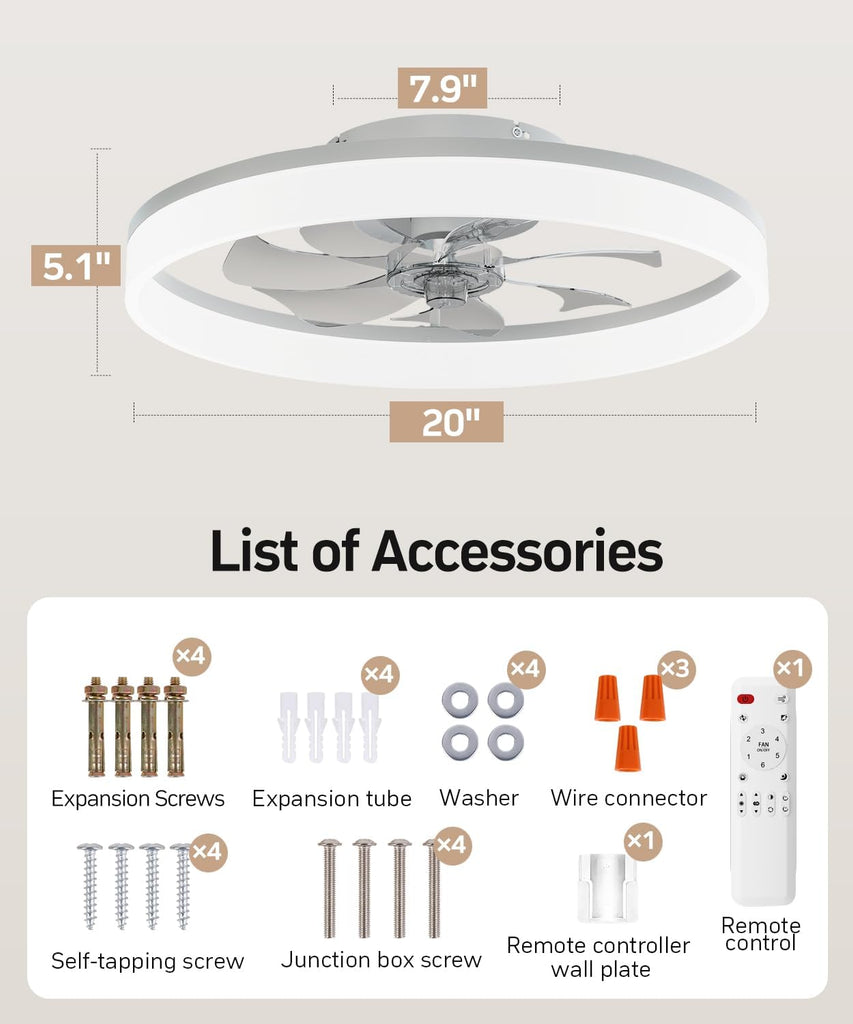 Smart Ceiling Fans with Light and Remote,20" Low Profile Ceiling Fan with 6-Speed & Dimmable LED