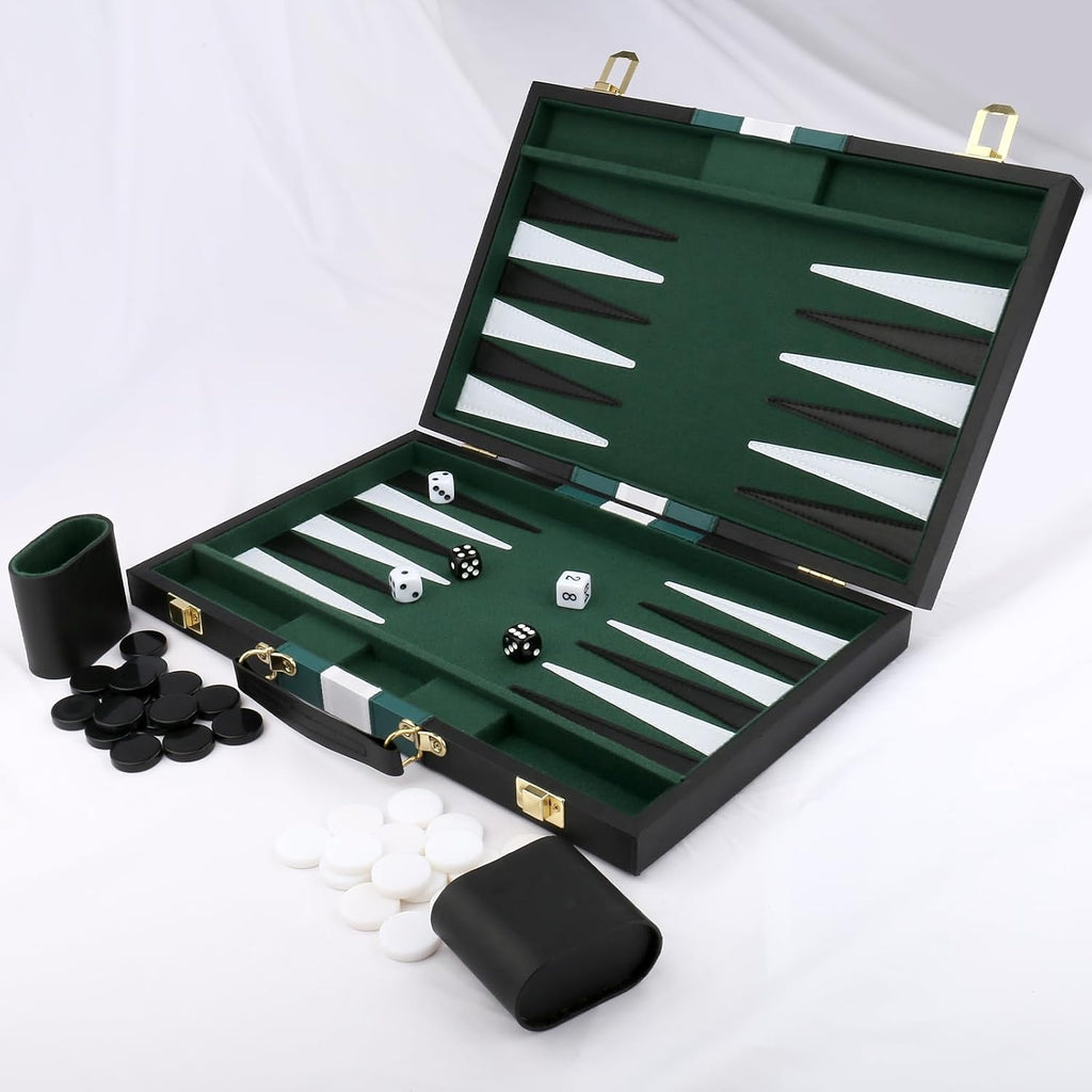 Backgammon Set - Classic Board Game with Premium PU Leather Case - Portable Travel Strategy Backgammon Game Set