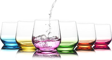 Stemless Wine Glasses Set of 6 - Hand Blown Colored Short Wine Tumblers - 15 oz Elegant Sparkling Wine Glass - Unique