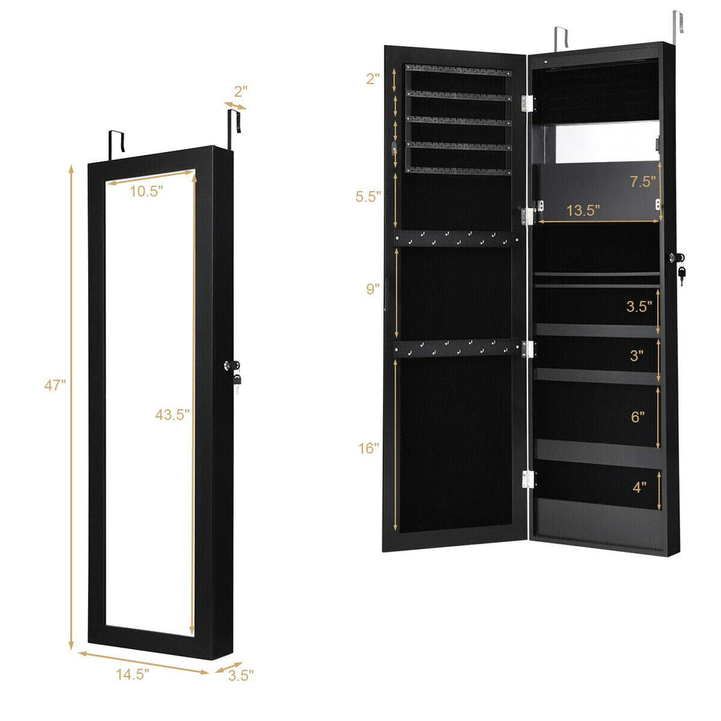 Wall Mounted Jewelry Cabinet, Lockable Door Hanging Jewelry Armoire w/ 12LEDs, Space Saving Makeup Display Cabinet