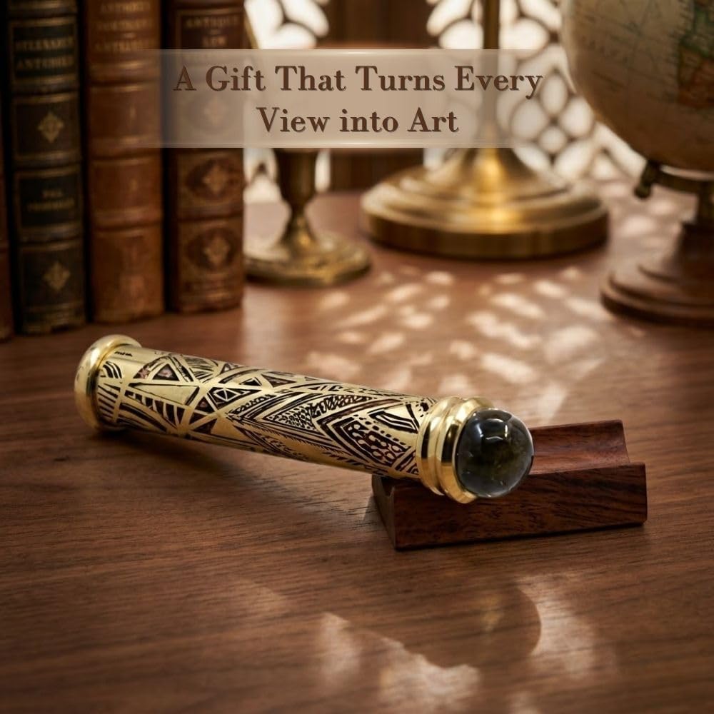 Brass Teleidoscope with Tribal Art Etched Barrel - Polished Lacquer-Coated, Front Surface Mirror, Crystal Ball Lens