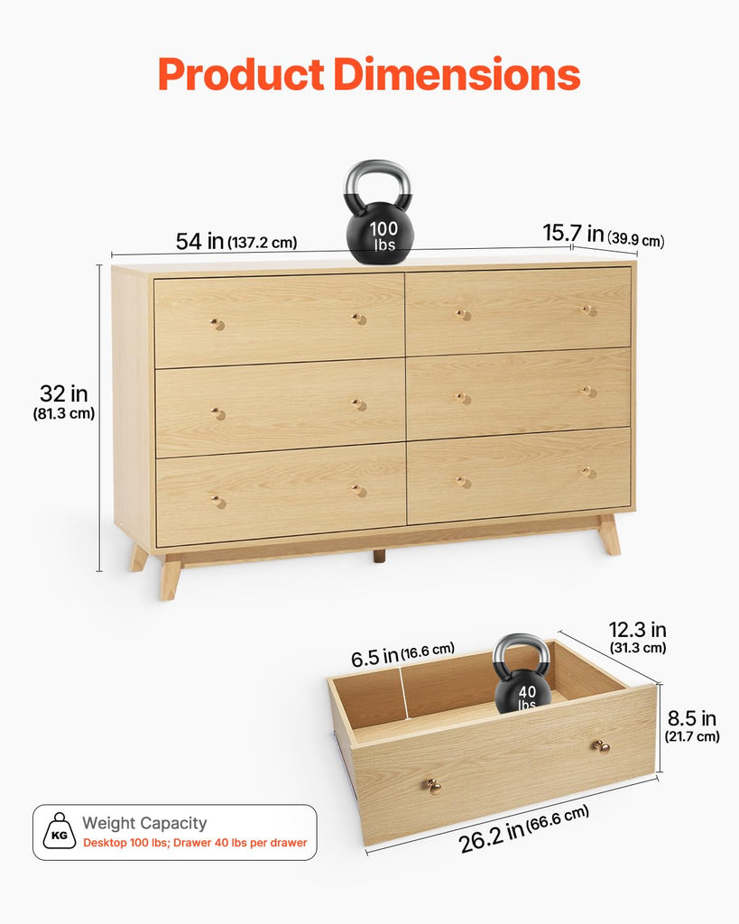 6 Drawer Dresser, Wooden Chest of Drawers with Sliding with Anti-tip Device, Modern Minimalist Dresser Chest, Closet