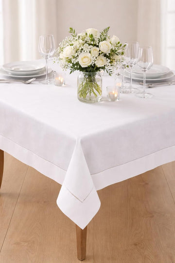 Classic Solid Color Hemstitched Border Tablecloth for Dining Table, Banquet, Wedding, Family Dinner 