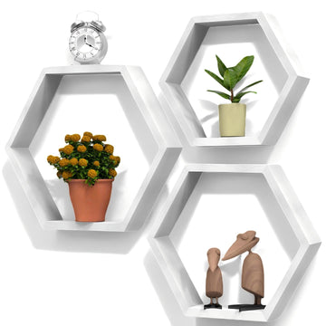 Hexagon Floating Shelves Set of 3, White Wooden Hexagon Shelves for Wall Decor, Modern Honeycomb Floating Hanging