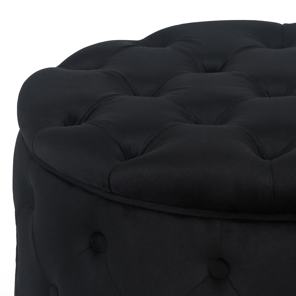 Velvet Round Storage Ottoman with Tufted Lid, 24.8 Inch Upholstered Footstool & Accent Chair, Black