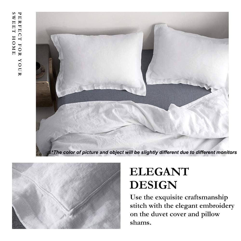 100% French Flax Linen Duvet Cover Set with Embroidery Washed - 3 Pieces (1 Duvet Cover with 2 Pillow Shams) with
