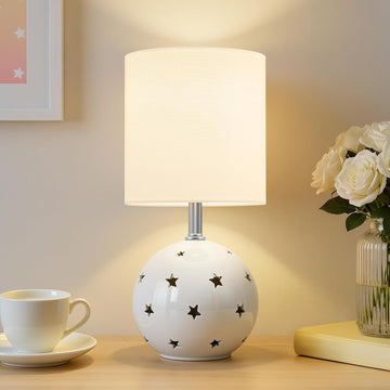 Small Table Lamp,14" White Ceramic Bedside Lamp for Girls Kids Bedroom,Dorm