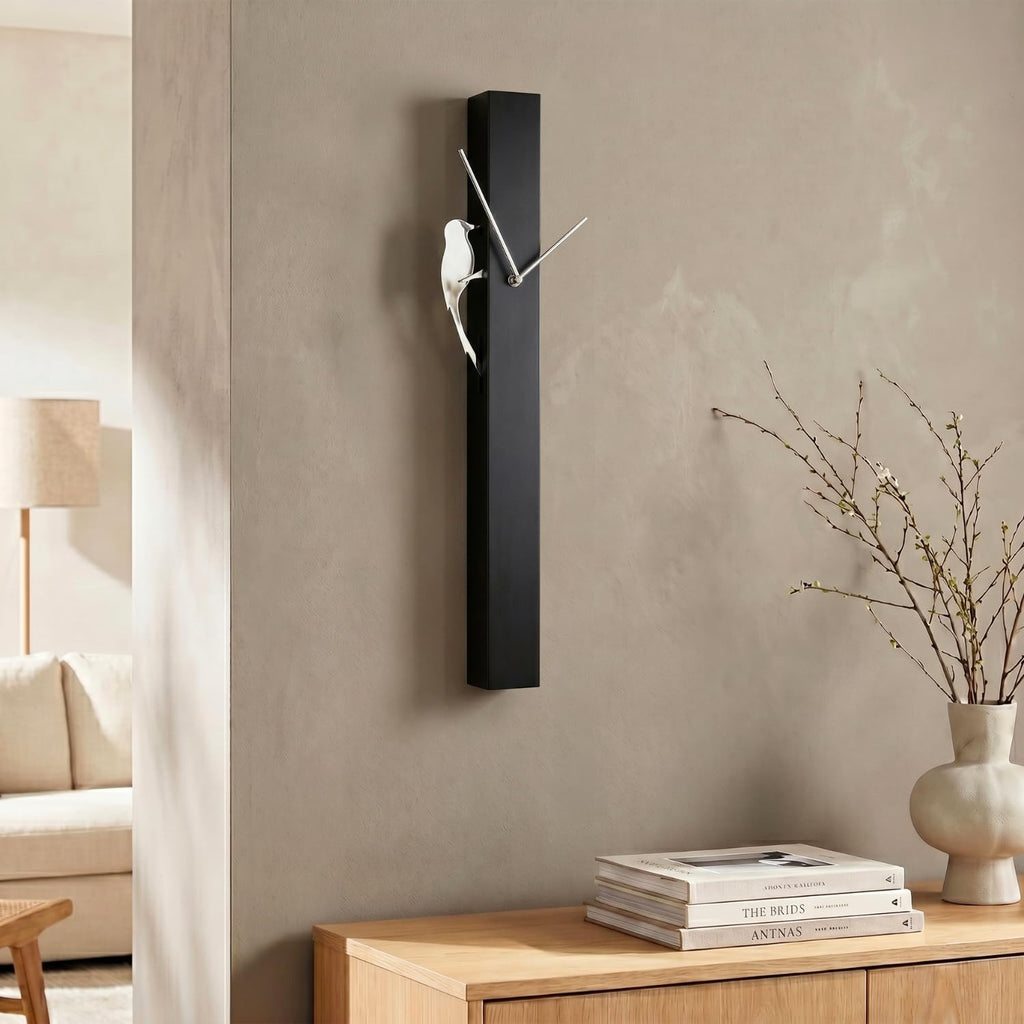 25" Modern Pendulum Wall Clock with Moving Woodpecker, Black