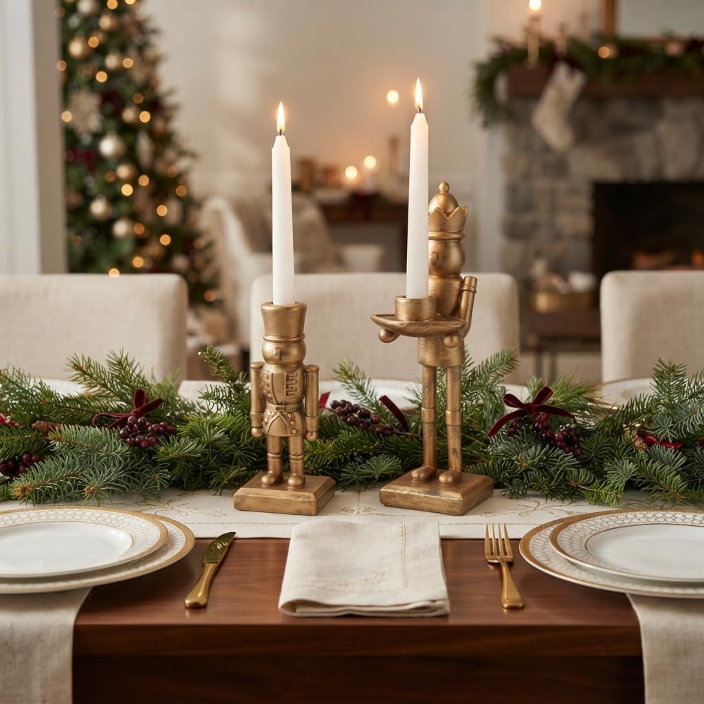 Nutcracker Taper Candle Holders, Gold Resin, Set of 2