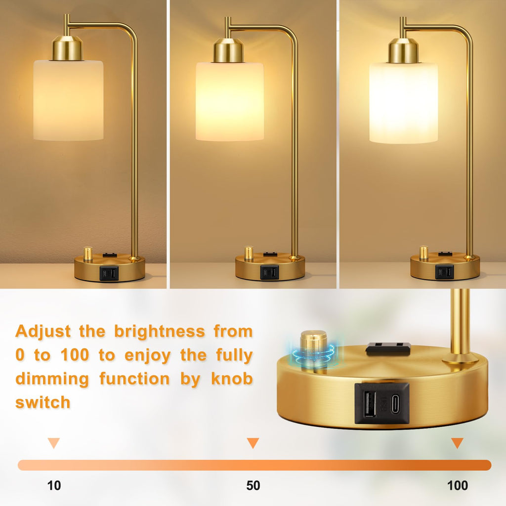 Gold Lamp - Industrial Bedside Table Lamp with USB Port and Outlet, Fully Dimmable Nightstand Lamp with Opal Glass