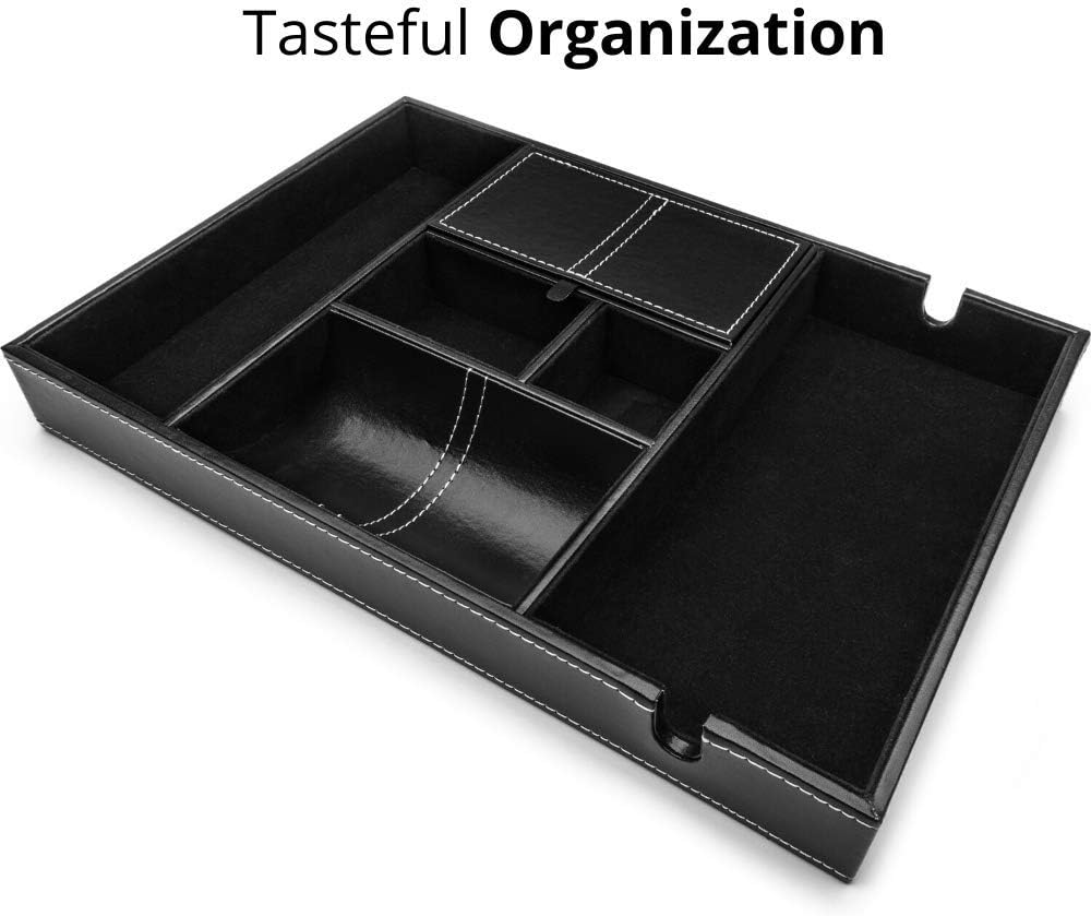Valet Tray for Men, Nightstand Organizer, Entry Table Organizer, Catch All, Black Faux Leather Box, 6 Compartments
