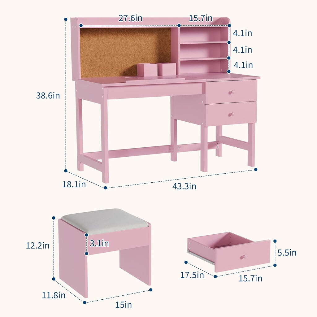 Adjustable Tilt Kids Desk and Chair Set, 0-40° Tiltable Wooden Study Table with Drawers, Cork Board & Open Shelves