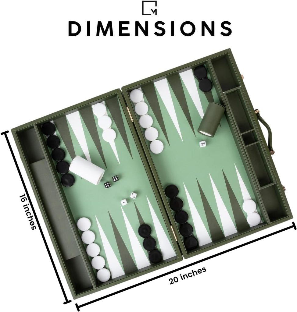 Premium Backgammon Set - 20 Inch Large Backgammon Game with Dice, Doubling Cube & Cups - Green & White Foldable