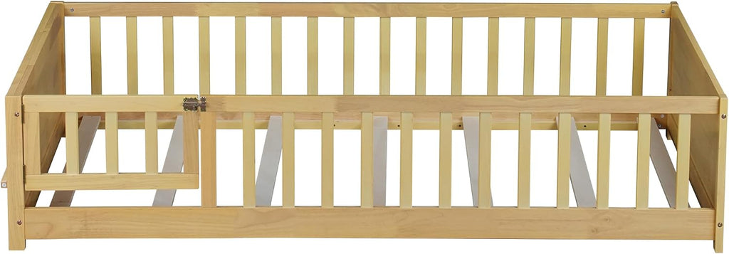 Montessori Floor Bed with Side Bookshelf, Natural, With Door