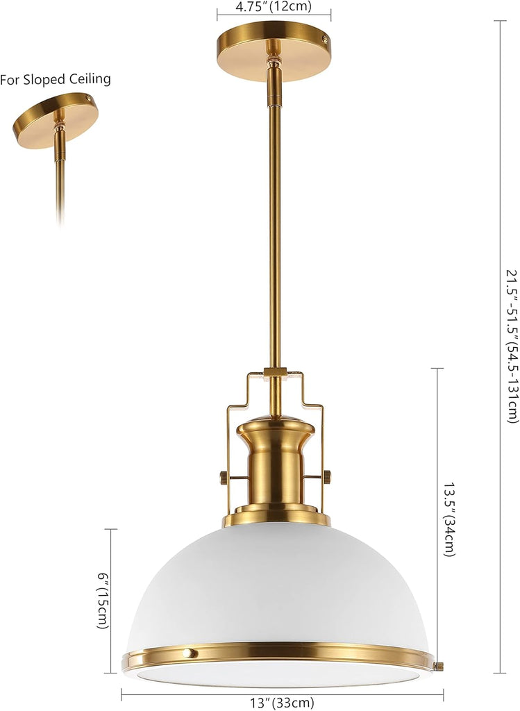 13" Brass Gold/White Modern Industrial Iron LED Dome Pendant Light, Adjustable Hanging Fixture for Kitchen Island or